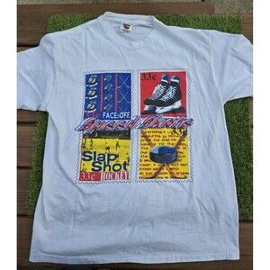 Vtg Power Pro By Oneita Single Stitch White T-shirt Ice Hockey Postal Stamps XL